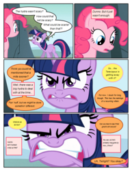 Size: 612x792 | Tagged: safe, artist:newbiespud, edit, edited screencap, screencap, pinkie pie, twilight sparkle, earth pony, pony, unicorn, comic:friendship is dragons, g4, angry, comic, dialogue, female, gritted teeth, implied applejack, lip bite, mare, screencap comic, shocked, tree, unicorn twilight