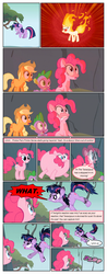 Size: 612x1556 | Tagged: safe, artist:newbiespud, edit, edited screencap, screencap, applejack, pinkie pie, spike, twilight sparkle, dragon, earth pony, pony, unicorn, comic:friendship is dragons, feeling pinkie keen, g4, angry, burnt, comic, dialogue, female, floating, freckles, hat, looking up, male, mane of fire, mare, onomatopoeia, rapidash twilight, screencap comic, slit pupils, tree, unicorn twilight