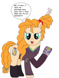 Size: 2448x3264 | Tagged: safe, artist:supahdonarudo, pear butter, alien pony, pony, g4, bone, boots, clothes, cosplay, costume, dialogue, felicia day, freckles, hair bun, high res, holding, kinga forrester, mare in the moon, moon, movie, mystery science theater 3000, shoes, speech bubble, voice actor joke