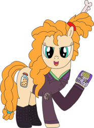 Size: 2162x2920 | Tagged: safe, alternate version, artist:supahdonarudo, edit, pear butter, alien pony, pony, g4, bone, boots, clothes, cosplay, costume, felicia day, freckles, hair bun, high res, holding, kinga forrester, mare in the moon, moon, movie, mystery science theater 3000, shoes, voice actor joke