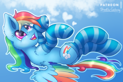 Size: 3000x2000 | Tagged: safe, artist:shad0w-galaxy, rainbow dash, pegasus, pony, g4, cheek fluff, clothes, cloud, colored wings, cute, cutie mark, dashabetes, female, fluffy, gradient background, high res, looking up, lying down, mare, on back, open mouth, outline, smiling, socks, solo, spread wings, stockings, striped socks, thigh highs, white outline, wings