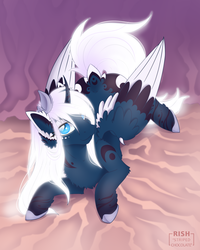 Size: 1600x2000 | Tagged: safe, artist:striped-chocolate, princess luna, alicorn, pony, rcf community, g4, :3, alternate design, cheek fluff, chest fluff, claws, cute, ear fluff, elbow fluff, ethereal mane, ethereal tail, eyeshadow, female, folded wings, glowing, glowing mane, glowing tail, gradient background, hoof shoes, jewelry, lidded eyes, looking at you, looking up, looking up at you, lunabetes, lying on bed, makeup, mare, pink background, princess shoes, prone, regalia, simple background, solo, spread wings, tail, tail feathers, tiara, white eyeshadow, white-haired luna, wing claws, wings
