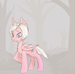 Size: 782x765 | Tagged: safe, artist:wave, oc, oc only, oc:papilone, bat pony, pony, bat pony oc, ear piercing, earring, female, forest, hiding, imminent violence, jewelry, looking at you, mare, piercing, solo