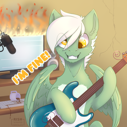 Size: 1200x1200 | Tagged: safe, artist:striped-chocolate, oc, oc only, oc:energytone, pegasus, pony, rcf community, burning, clothes, crazy face, derp, disaster, eye clipping through hair, faic, guitar, it's fine, male, microphone, musical instrument, solo, stallion