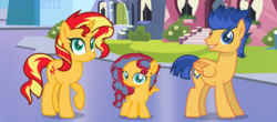 Size: 1280x561 | Tagged: safe, artist:mlplover0711, flash sentry, sunset shimmer, pony, g4, family, female, male, offspring, parent:flash sentry, parent:sunset shimmer, parents:flashimmer, ship:flashimmer, shipping, straight