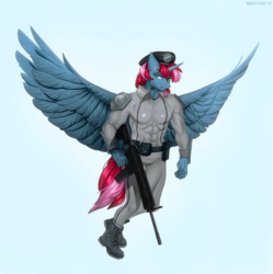 Size: 1197x1200 | Tagged: safe, artist:margony, oc, oc:somnus, alicorn, anthro, plantigrade anthro, alicorn oc, assault rifle, boots, clothes, gun, hat, hk416, large wings, rifle, shoes, smiling, weapon, wings