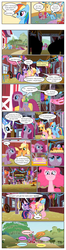 Size: 612x2320 | Tagged: safe, artist:newbiespud, edit, edited screencap, screencap, applejack, fluttershy, gummy, pinkie pie, rainbow dash, rarity, twilight sparkle, earth pony, pegasus, pony, unicorn, comic:friendship is dragons, g4, party of one, angry, balloon, barn, cake, comic, confetti, dialogue, female, food, freckles, frown, group hug, happy, hat, hug, mane six, mare, mouth hold, party hat, party horn, pinkamena diane pie, pitchfork, present, sad, screencap comic, smiling, suspicious, tail, tail pull, tree, unicorn twilight