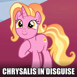 Size: 927x925 | Tagged: safe, edit, edited screencap, screencap, luster dawn, pony, unicorn, g4, the last problem, leak, caption, cropped, female, headcanon, image macro, impact font, implied chrysalis, insane troll logic, op is wrong, solo, text