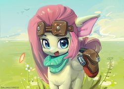 Size: 5120x3685 | Tagged: safe, artist:lmgchikess, fluttershy, pegasus, pony, cute, ear fluff, female, folded wings, goggles, looking at you, mare, open mouth, outdoors, saddle bag, shyabetes, smiling, solo, standing, three quarter view, wings