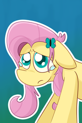 Size: 4000x6000 | Tagged: safe, artist:antimationyt, fluttershy, pegasus, pony, g4, bust, female, floppy ears, gradient background, hair ornament, looking up, mare, outline, sad, solo, stray strand, teary eyes, three quarter view, white outline