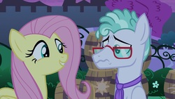 Size: 1920x1080 | Tagged: safe, screencap, feather flatterfly, fluttershy, pegasus, pony, g4, the summer sun setback, duo, female, glasses, male, mare, necktie, stallion, wavy mouth