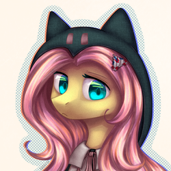Size: 2000x2000 | Tagged: safe, artist:avrameow, fluttershy, pegasus, pony, g4, bust, chiaki nanami, clothes, crossover, cute, danganronpa, danganronpa 2, female, hair ornament, high res, hood, looking at you, mare, outline, portrait, shyabetes, simple background, solo, three quarter view, white background