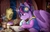 Size: 1518x982 | Tagged: safe, artist:midnightpremiere, owlowiscious, starlight glimmer, tree of harmony, twilight sparkle, alicorn, bird, owl, pony, g4, alternate hairstyle, ballerina, book, bookshelf, candle, clothes, female, glimmerina, headphones, lofi, lofi hip hop radio - beats to relax/study to, meme, parody, plant pot, ponified, ponified meme, quill, quill pen, reading, twilight sparkle (alicorn), window