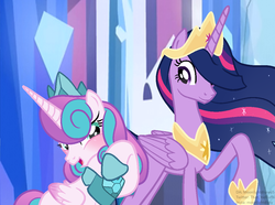 Size: 1023x760 | Tagged: safe, artist:thatonefluffs, edit, princess flurry heart, twilight sparkle, alicorn, pony, g4, the last problem, aunt and niece, base used, big crown thingy 3.0, blushing, crown, crystal empire, future, hair over one eye, jewelry, older, older flurry heart, older twilight, older twilight sparkle (alicorn), princess twilight 2.0, regalia, twilight sparkle (alicorn)