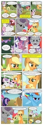 Size: 791x2312 | Tagged: safe, artist:lyntermas, artist:newbiespud, edit, edited screencap, screencap, apple bloom, applejack, fluttershy, pinkie pie, rainbow dash, rarity, sweetie belle, twilight sparkle, pony, unicorn, comic:friendship is dragons, g4, angry, apple, bow, bucket, clothes, clothespin, collaboration, comic, dialogue, female, filly, flying, food, freckles, hair bow, happy, hat, horn, horn impalement, jumping, mane six, mare, raised hoof, sad, screencap comic, smiling, sonic rainboom, unicorn twilight