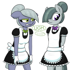 Size: 2605x2449 | Tagged: safe, artist:moonatik, limestone pie, marble pie, earth pony, anthro, g4, apron, bowtie, bun, clothes, dialogue, eyeshadow, female, gloves, hair bun, high res, maid, makeup, mare, siblings, simple background, sisters, smiling, transparent background, uniform
