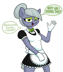 Size: 2113x2388 | Tagged: safe, artist:moonatik, limestone pie, earth pony, anthro, g4, apron, bedroom eyes, bowtie, bun, clothes, dialogue, eyeshadow, female, gloves, hair bun, high res, maid, makeup, mare, master, open mouth, simple background, smiling, solo, talking to viewer, thought bubble, transparent background, uniform, waving