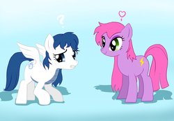 Size: 1280x889 | Tagged: safe, artist:redflare500, oc, oc only, oc:icy whisp, oc:sparky shine, earth pony, pegasus, pony, female, implied transformation, implied transgender transformation, mare, post-transformation