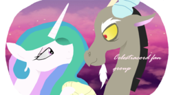 Size: 5464x3024 | Tagged: safe, artist:mr100dragon100, discord, princess celestia, alicorn, draconequus, pony, g4, bedroom eyes, best ship, best ship ever, cloud, cotton candy, cotton candy cloud, female, food, holding hooves, male, meme, otp, ship:dislestia, shipping, straight, text