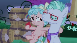 Size: 1920x1080 | Tagged: safe, screencap, cozy glow, feather flatterfly, pegasus, pony, g4, the summer sun setback, barrel, belly, card, duo, female, filly, glasses, male, necktie, stallion