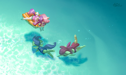Size: 3445x2067 | Tagged: safe, artist:holivi, apple bloom, scootaloo, sweetie belle, earth pony, pegasus, unicorn, anthro, clothes, cute, cutie mark crusaders, eyes closed, fantasizing, female, floaty, inflatable, ocean, swimming, swimsuit, underwater