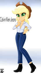 Size: 2000x3509 | Tagged: safe, artist:theretroart88, applejack, human, equestria girls, g4, beautiful, boots, breasts, busty applejack, calvin klein, cleavage, clothes, cowboy hat, cowgirl, dress shirt, female, freckles, green eyes, hat, high res, jackabetes, jeans, looking at you, movie accurate, open clothes, pants, shoes, solo, stetson, woman, yellow hair