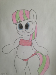 Size: 3264x2448 | Tagged: safe, artist:rainbowšpekgs, blossomforth, pegasus, pony, g4, adoraforth, adorasexy, background pony, belly button, bipedal, bra, chubby, clothes, cute, drawing, female, freckles, high res, no cutie marks because im lazy, panties, red underwear, sexy, simple background, solo, traditional art, underwear, white background