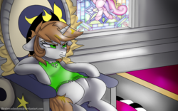 Size: 1920x1200 | Tagged: safe, artist:brainiac, princess cadance, oc, oc only, oc:littlepip, pony, unicorn, comic:fallout equestria: stained glass, fallout equestria, g4, clothes, cowboy hat, fallout equestria stained glass, fanfic, fanfic art, featureless crotch, female, floppy ears, hat, horn, mare, sitting, solo, throne
