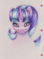 Size: 1800x2433 | Tagged: safe, artist:faline-art, starlight glimmer, pony, unicorn, g4, eyebrows, eyebrows visible through hair, female, lidded eyes, mare, s5 starlight, simple background, smiling, solo, traditional art, white background