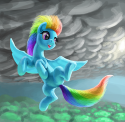 Size: 1845x1800 | Tagged: safe, artist:odooee, rainbow dash, pegasus, pony, g4, alternate hairstyle, cloud, cloudy, female, flying, solo, underhoof