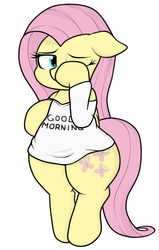 Size: 1045x1648 | Tagged: safe, artist:blitzyflair, fluttershy, pegasus, pony, g4, bipedal, clothes, cute, female, floppy ears, mare, morning ponies, pajamas, shirt, simple background, solo, white background, wide hips