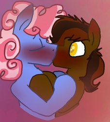 Size: 533x587 | Tagged: safe, artist:primstreak97, oc, oc:bubble swirl, oc:chocolate crumbs, earth pony, pony, blushing, blushing profusely, colored pupils, cousin, ear blush, gay, heart, incest, kissing, male
