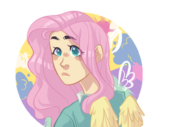 Size: 2750x2050 | Tagged: safe, artist:corporalvortex, fluttershy, human, g4, bust, circle, eye clipping through hair, eyebrows, eyebrows visible through hair, female, high res, humanized, looking at you, looking back, looking back at you, solo, winged humanization, wings