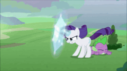 Size: 600x338 | Tagged: safe, screencap, rarity, spike, dragon, pony, unicorn, g4, the ending of the end, leak, animated, female, force field, gif, magic, male, mare, winged spike, wings