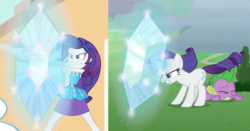 Size: 1268x664 | Tagged: safe, screencap, rarity, spike, dragon, pony, unicorn, equestria girls, equestria girls specials, g4, my little pony equestria girls: better together, my little pony equestria girls: rollercoaster of friendship, the ending of the end, angry, comparison, female, force field, geode of shielding, gritted teeth, magic, magical geodes, mare, rarity peplum dress, shield, smoke, winged spike, wings