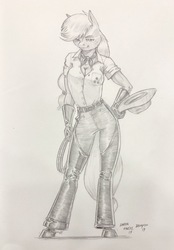 Size: 1422x2048 | Tagged: safe, artist:baron engel, applejack, anthro, unguligrade anthro, g4, belt, breasts, chaps, cleavage, clothes, cowboy hat, cowgirl, cowgirl outfit, female, gloves, hat, jeans, lasso, monochrome, pants, pencil drawing, rope, solo, spurs, stetson, traditional art