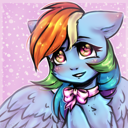 Size: 2500x2500 | Tagged: safe, artist:zefirka, rainbow dash, pegasus, pony, g4, blushing, bow, bust, chest fluff, cute, dashabetes, female, floppy ears, heart eyes, high res, looking at you, mare, portrait, smiling, solo, sparkles, sparkly background, wingding eyes, wings