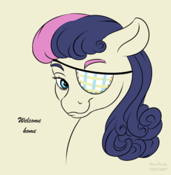 Size: 999x1018 | Tagged: safe, artist:haretrinity, bon bon, sweetie drops, earth pony, pony, g4, bust, eyepatch, female, portrait, simple background, smiling, solo, welcome home