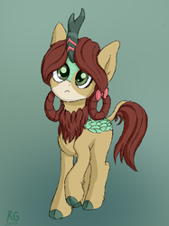 Size: 1199x1600 | Tagged: safe, artist:rainbowgearunicorn, yona, kirin, g4, bow, cloven hooves, cute, female, gradient background, hair bow, kirin-ified, monkey swings, signature, simple background, solo, species swap, yonadorable