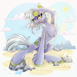 Size: 2000x2000 | Tagged: safe, artist:alexbluebird, limestone pie, earth pony, pony, g4, chest fluff, colored hooves, female, frog (hoof), high res, mare, mouth hold, pickaxe, rock farm, signature, solo, sun, underhoof, unshorn fetlocks