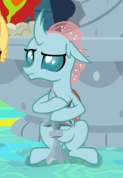 Size: 338x488 | Tagged: safe, screencap, ocellus, g4, uprooted, broken, cropped, female, holding, ocellus is not amused, sitting, solo, statue, unamused