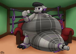Size: 2458x1751 | Tagged: safe, artist:the-furry-railfan, octavia melody, dragon, original species, g4, annoyed, bagpipe dragon, bagpipes, belly, couch, dragonified, food, impossibly large belly, indoors, inflation, mug, musical instrument, octavia is not amused, sitting, species swap, squishy, story included, tartan, tea, transformation, unamused