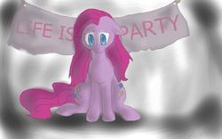 Size: 1600x998 | Tagged: safe, artist:pillowrabbit, pinkie pie, earth pony, pony, g4, banner, both cutie marks, female, floppy ears, life is a party, looking down, mare, pinkamena diane pie, sad, sitting, solo