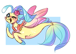 Size: 1024x728 | Tagged: safe, artist:pillowrabbit, princess skystar, seapony (g4), g4, my little pony: the movie, abstract background, blue mane, blushing, cute, female, fin wings, fins, fish tail, flowing mane, jewelry, looking at you, necklace, ocean, one eye closed, open mouth, open smile, pearl necklace, scales, seashell necklace, skyabetes, smiling, solo, spread wings, swimming, tail, underwater, water, wings, wink