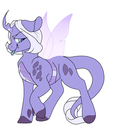 Size: 1300x1445 | Tagged: safe, artist:pillowrabbit, oc, oc only, oc:ivy, hybrid, kilalaverse, changeling hybrid, contest entry, dragon hybrid, female, floppy ears, interspecies offspring, leonine tail, lidded eyes, mare, offspring, offspring's offspring, parent:oc:crystal clarity, parent:oc:princess iridescence, parents:oc x oc, raised hoof, simple background, slit pupils, solo, tongue out, transparent wings, white background, wings
