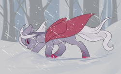 Size: 1388x855 | Tagged: safe, artist:pillowrabbit, oc, oc only, pony, blizzard, cloak, clothes, coat markings, contest entry, eyes closed, floppy ears, forest, snow, snowfall, solo