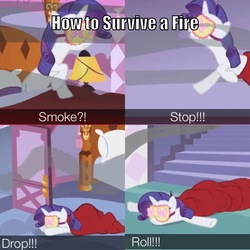 Size: 710x710 | Tagged: safe, edit, edited screencap, screencap, rarity, pony, unicorn, g4, sisterhooves social, bed, bedroom, blanket, blindfold, caption, falling, female, funny, image macro, lamp, mare, meme, panicking, pillow, sleep mask, smoke, solo, stairs, stop drop and roll, stop flop and roll, survival of the idiots, text, woken up at a bad time, wrapped up