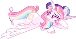 Size: 758x389 | Tagged: safe, artist:katsubases, artist:moon-rose-rosie, oc, oc only, oc:celestial moon, alicorn, pony, ahoge, alicorn oc, annoyed, base used, blushing, female, hairpin, leaning, lying down, magical lesbian spawn, offspring, parent:rainbow dash, parent:twilight sparkle, prone, rainbow hair, scar, simple background, solo, transparent background