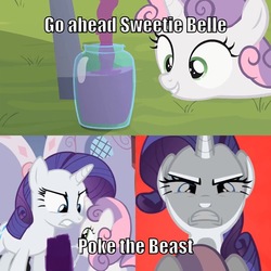 Size: 710x710 | Tagged: safe, edit, edited screencap, editor:minezombie27, screencap, rarity, sweetie belle, pony, unicorn, g4, sisterhooves social, angry eyes, argument, bad edit, caption, female, filly, grape juice, image macro, juice, mare, red background, siblings, simple background, sisters, smiling, text