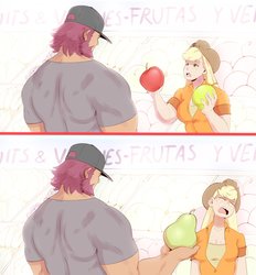 Size: 1903x2048 | Tagged: safe, artist:sundown, applejack, oc, oc:barley, human, g4, 2 panel comic, annoyed, apple, applejack's hat, comic, cowboy hat, female, food, freckles, hat, humanized, looking at each other, looking away, male, open mouth, pear, spanish